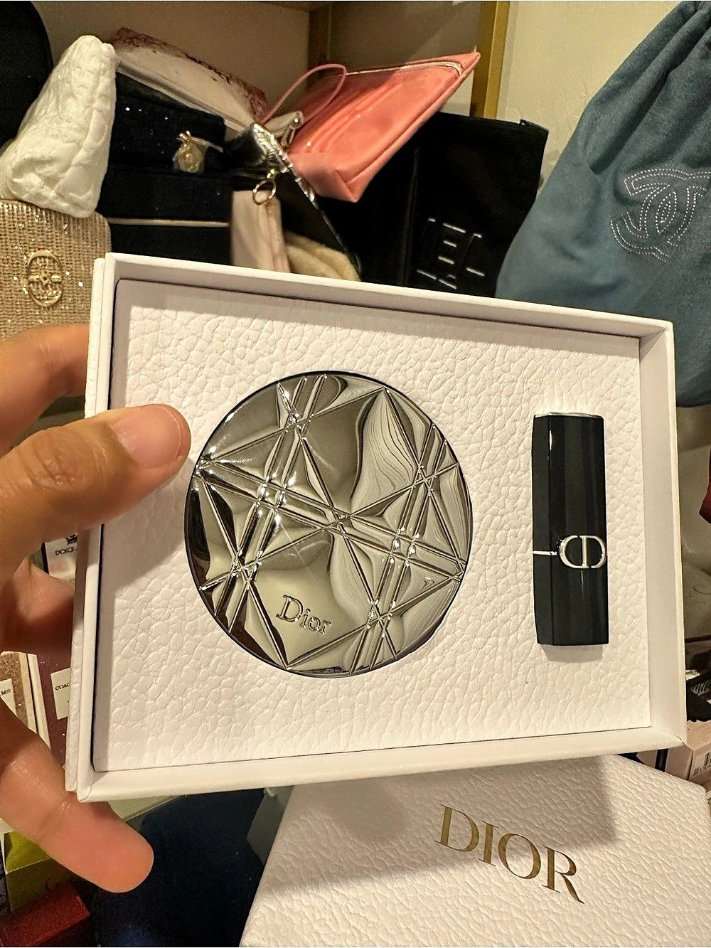 Dior Gift Set Compact Mirror and MINI Rouge Dior Lipstick Rouge Lipstick Set